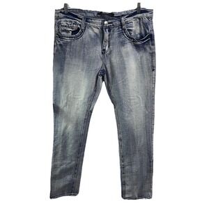 Black Premium Men's Blue Jeans  Relaxed Straight Leg Mid Rise Whiskered 36x34